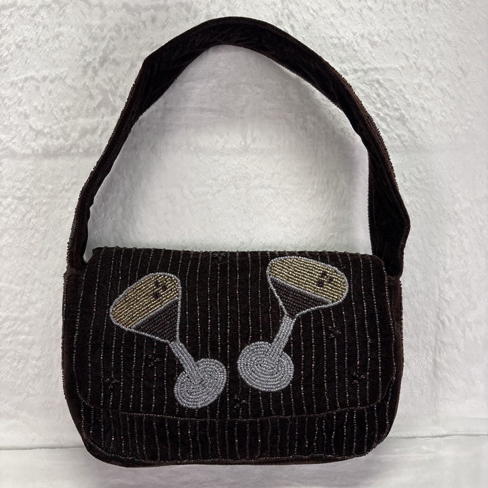 New A New Day Embellished Beaded Martini Evening Handbag Brown Black 11"x14"